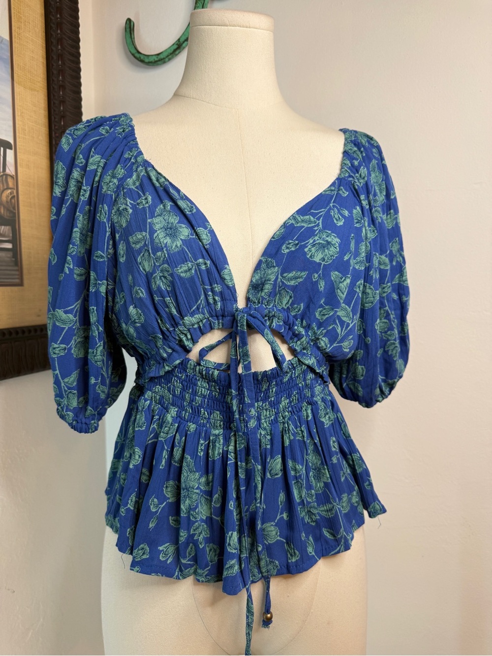 Angie Blue Floral Tie-Front Peasant Blouse